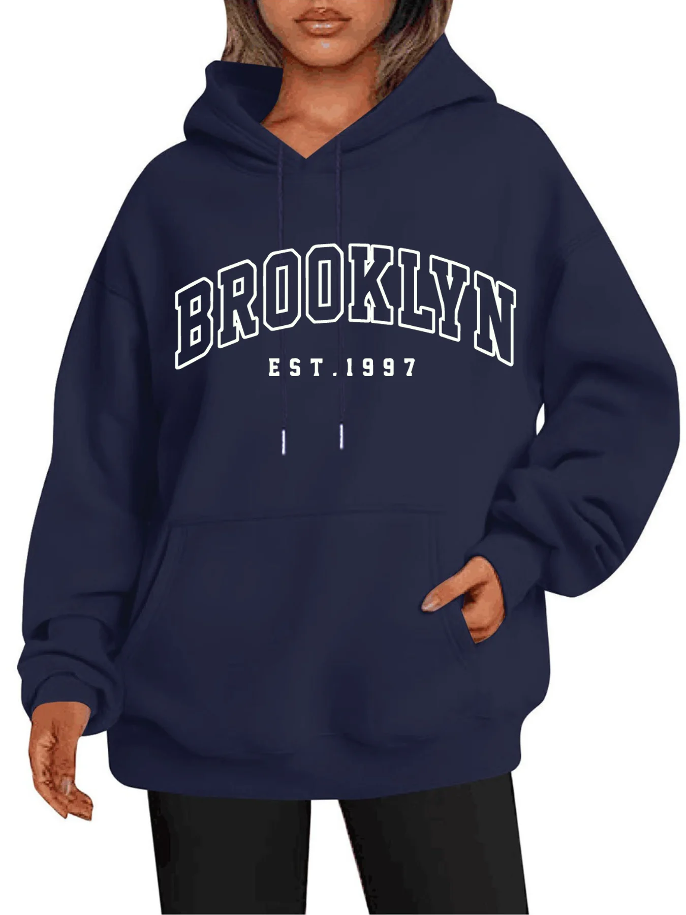 Women's Autumn and Winter Fashion Casual Sports Loose Los Angeles Print Fleece Warm Long Sleeved Pocket Hooded Sweatshirt