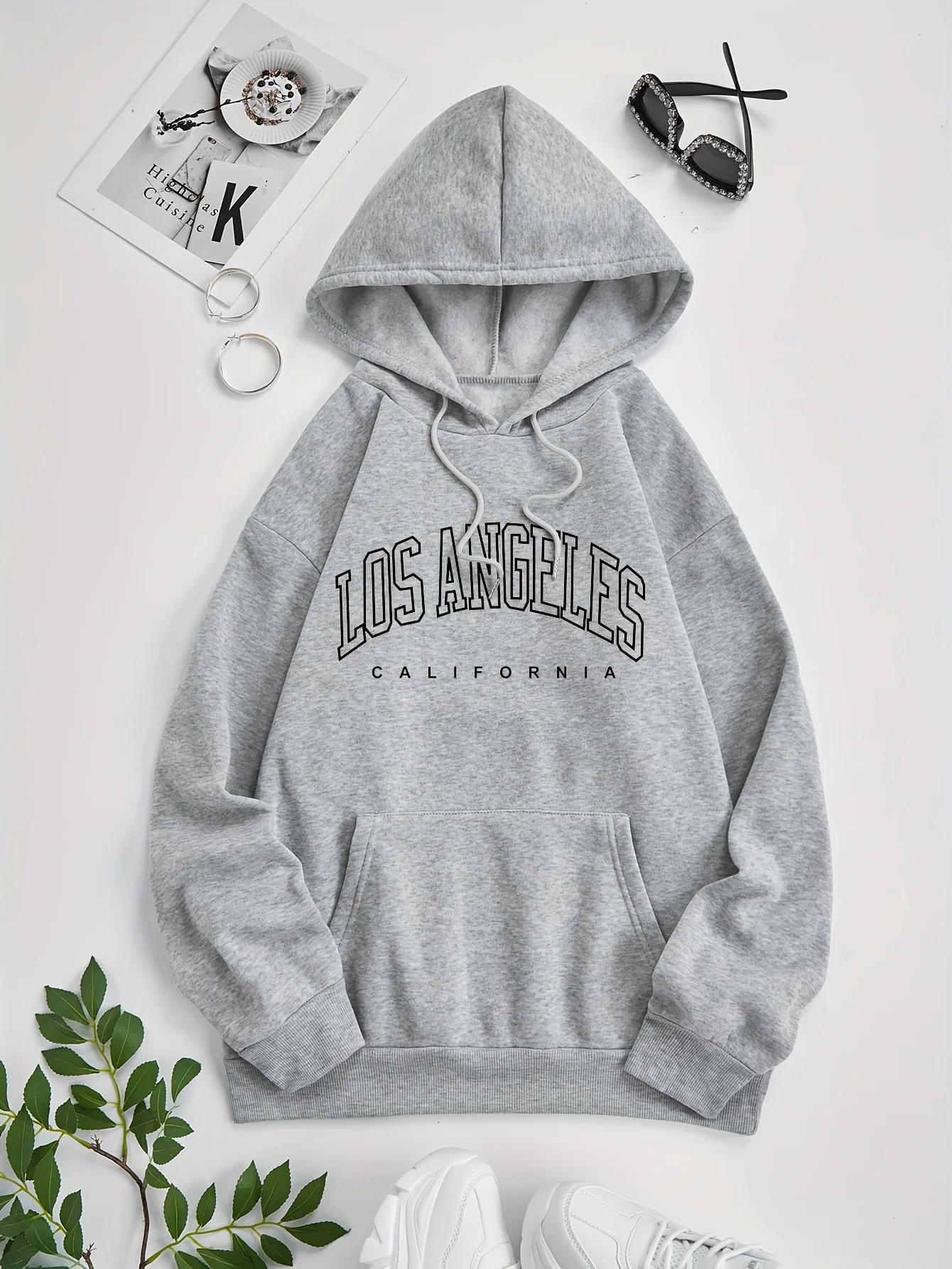 Women's Autumn and Winter Fashion Casual Sports Loose Los Angeles Print Fleece Warm Long Sleeved Pocket Hooded Sweatshirt