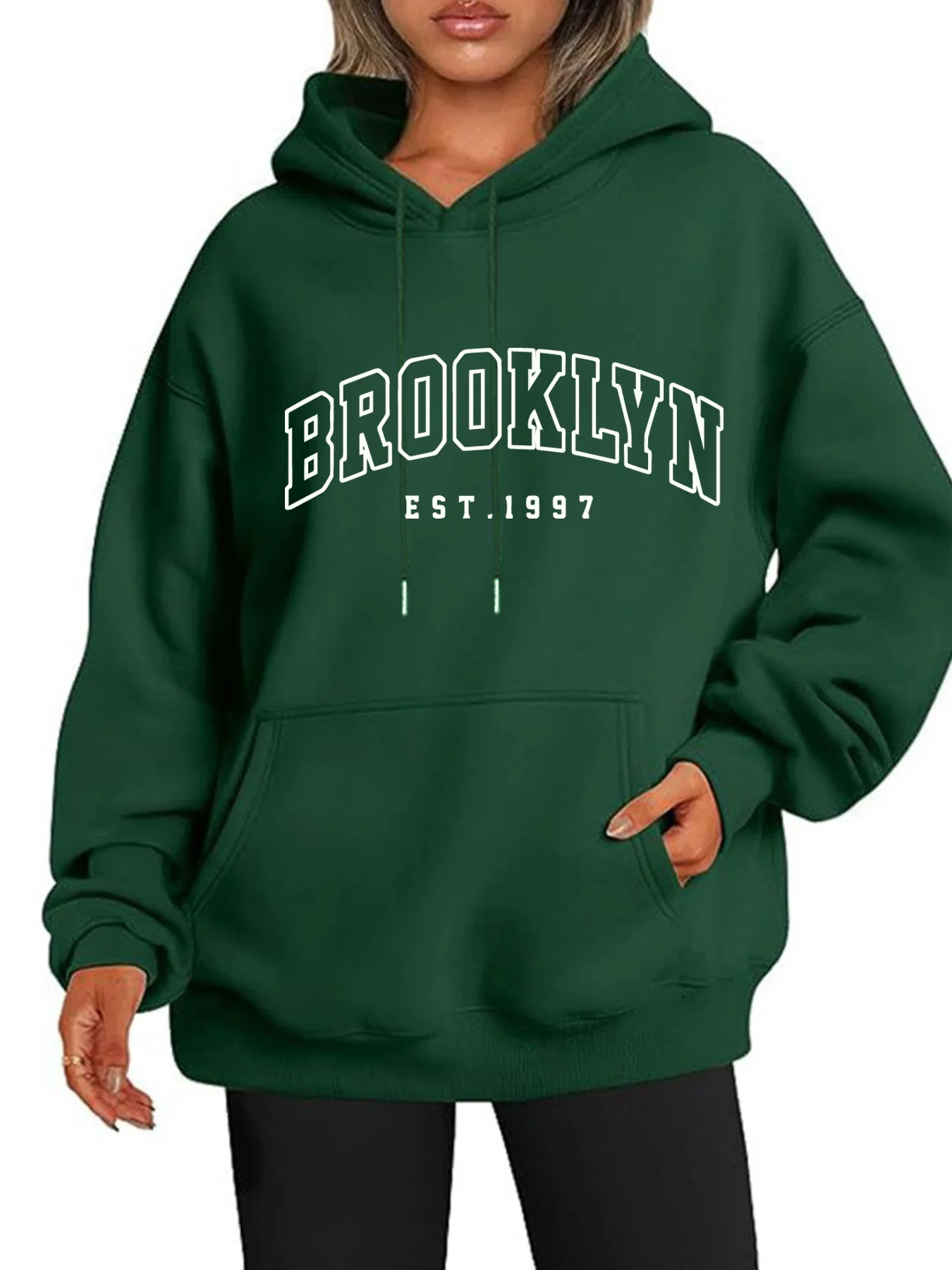 Women's Autumn and Winter Fashion Casual Sports Loose Los Angeles Print Fleece Warm Long Sleeved Pocket Hooded Sweatshirt