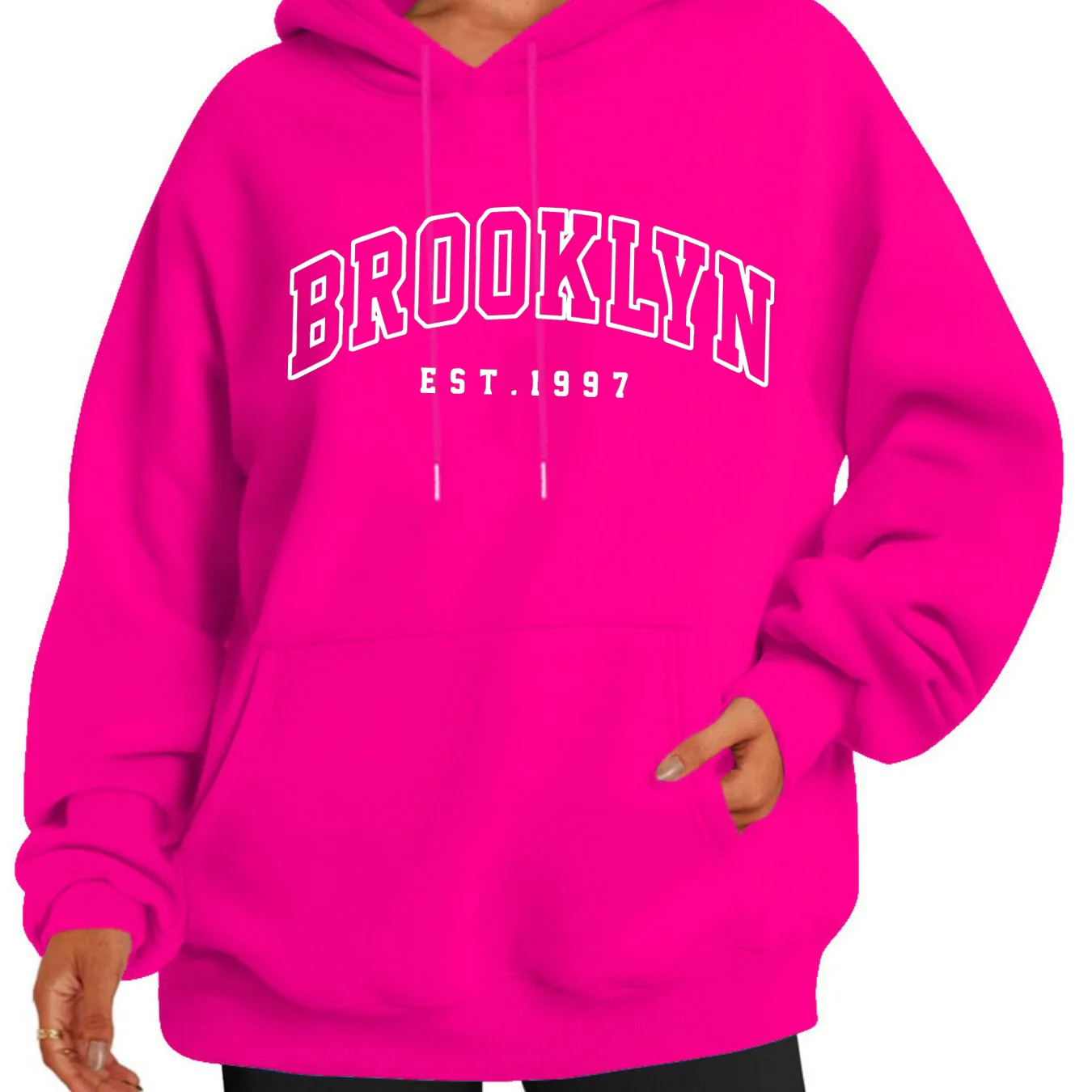 Women's Autumn and Winter Fashion Casual Sports Loose Los Angeles Print Fleece Warm Long Sleeved Pocket Hooded Sweatshirt