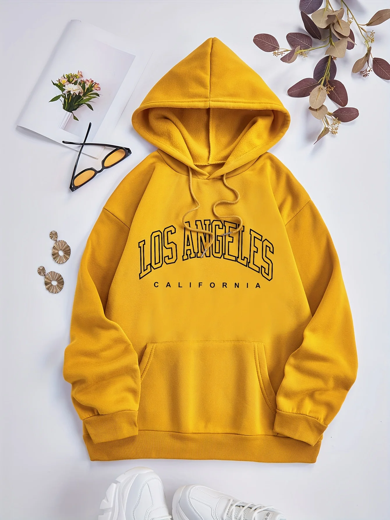 Women's Autumn and Winter Fashion Casual Sports Loose Los Angeles Print Fleece Warm Long Sleeved Pocket Hooded Sweatshirt