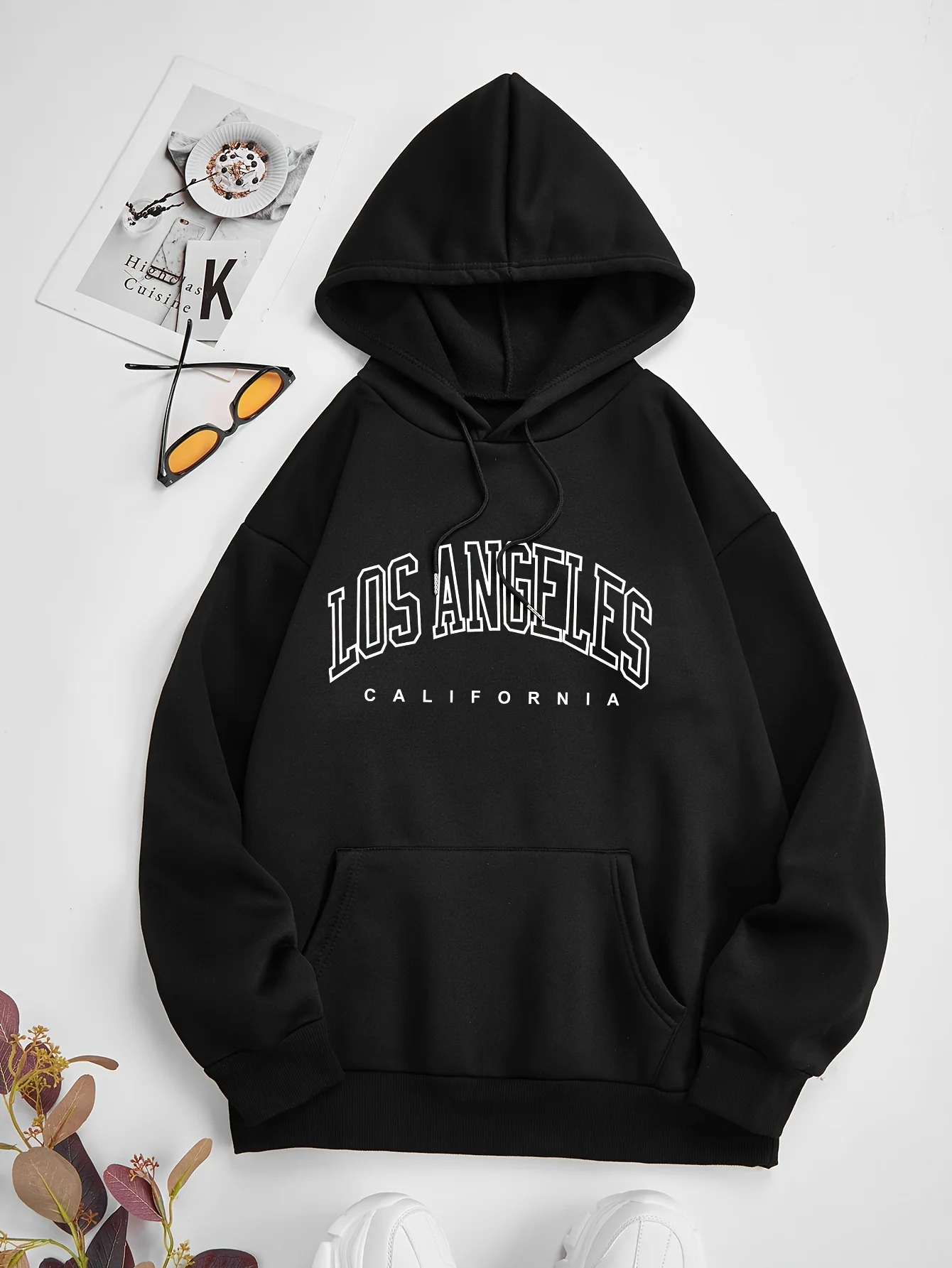 Women's Autumn and Winter Fashion Casual Sports Loose Los Angeles Print Fleece Warm Long Sleeved Pocket Hooded Sweatshirt