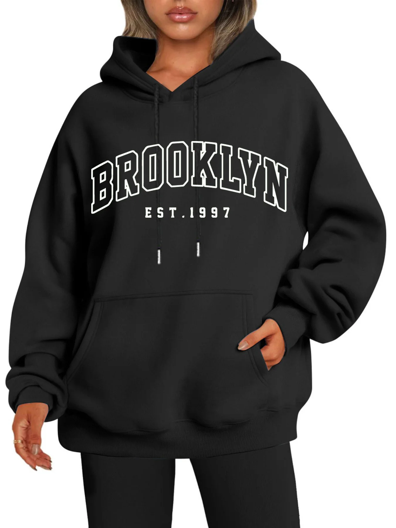 Women's Autumn and Winter Fashion Casual Sports Loose Los Angeles Print Fleece Warm Long Sleeved Pocket Hooded Sweatshirt