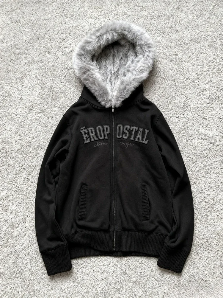 Vintage American Retro White Letter Hoodie Women Winter Faux Fur Lined Zip Up Sweatshirt Cozy Fleece Pullover Streetwear Jacket