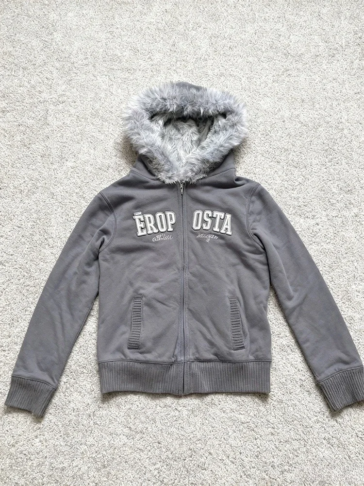 Vintage American Retro White Letter Hoodie Women Winter Faux Fur Lined Zip Up Sweatshirt Cozy Fleece Pullover Streetwear Jacket