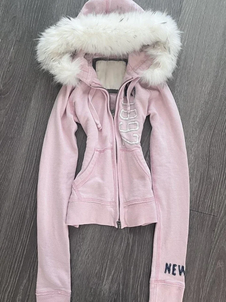 Vintage American Retro White Letter Hoodie Women Winter Faux Fur Lined Zip Up Sweatshirt Cozy Fleece Pullover Streetwear Jacket