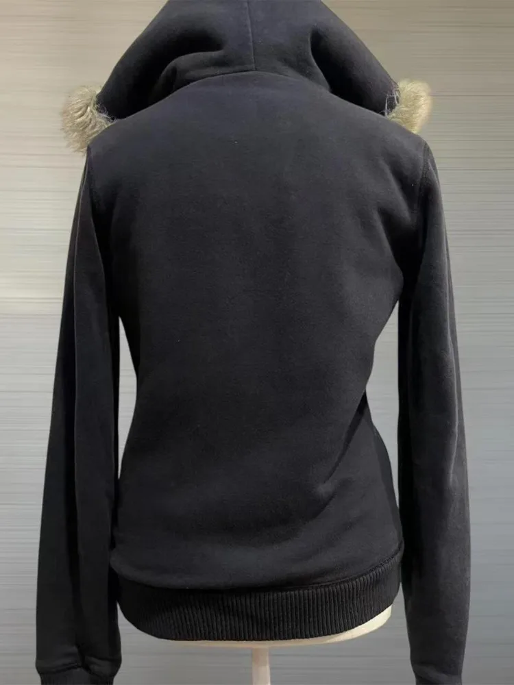 Vintage American Retro White Letter Hoodie Women Winter Faux Fur Lined Zip Up Sweatshirt Cozy Fleece Pullover Streetwear Jacket