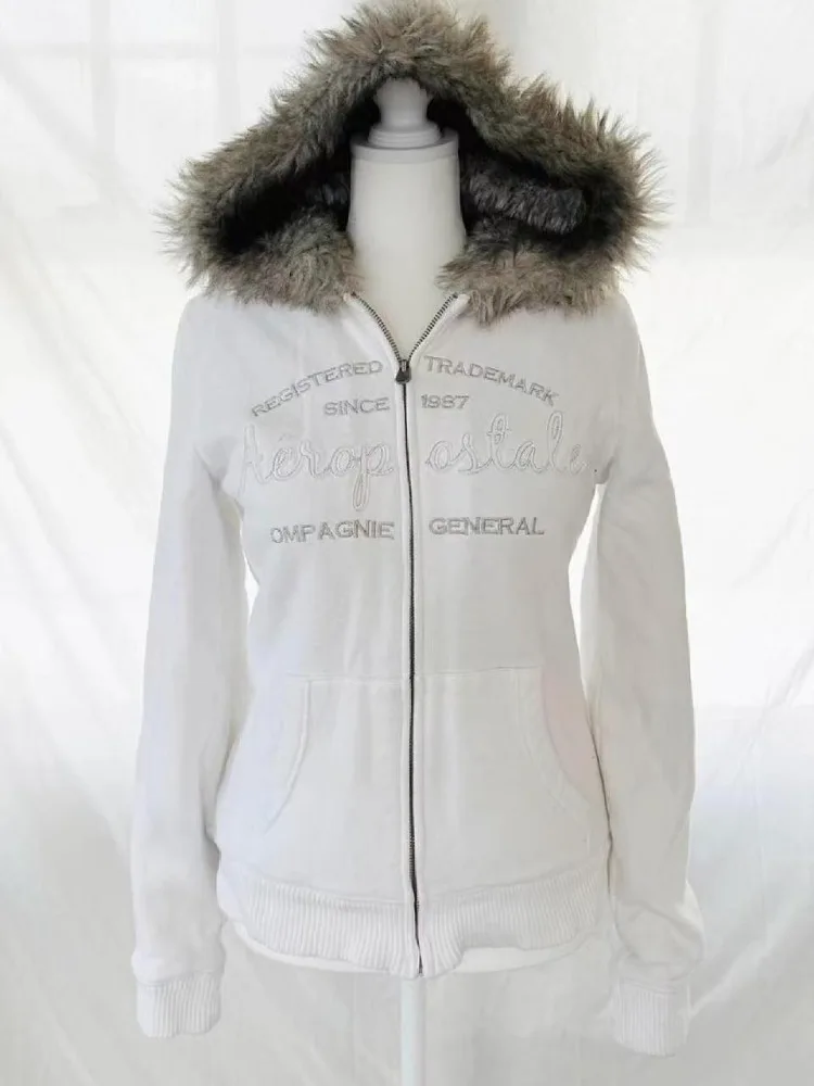 Vintage American Retro White Letter Hoodie Women Winter Faux Fur Lined Zip Up Sweatshirt Cozy Fleece Pullover Streetwear Jacket