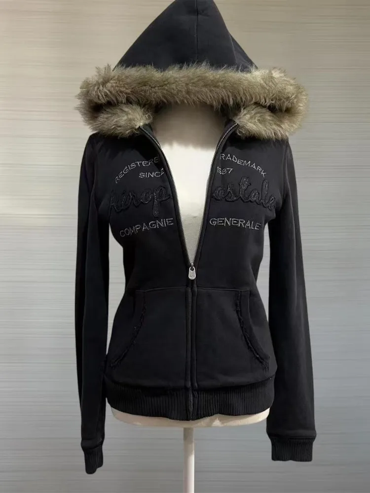 Vintage American Retro White Letter Hoodie Women Winter Faux Fur Lined Zip Up Sweatshirt Cozy Fleece Pullover Streetwear Jacket
