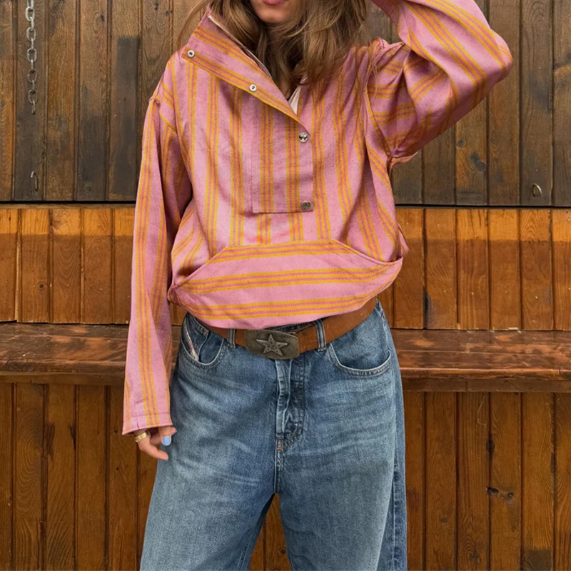 Casual Batwing Sleeve Pocket Lady Top Fashion Button Stripe Print Pullover Hoodie Elegant Stand Collar Hight Street Loose Blouse