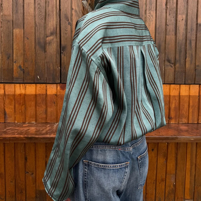 Casual Batwing Sleeve Pocket Lady Top Fashion Button Stripe Print Pullover Hoodie Elegant Stand Collar Hight Street Loose Blouse