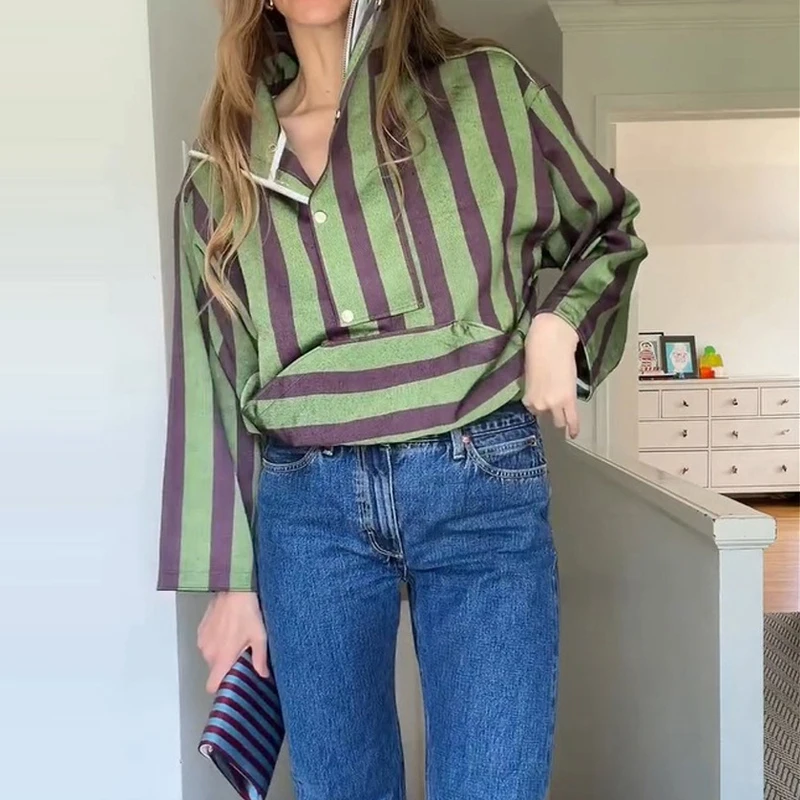 Casual Batwing Sleeve Pocket Lady Top Fashion Button Stripe Print Pullover Hoodie Elegant Stand Collar Hight Street Loose Blouse