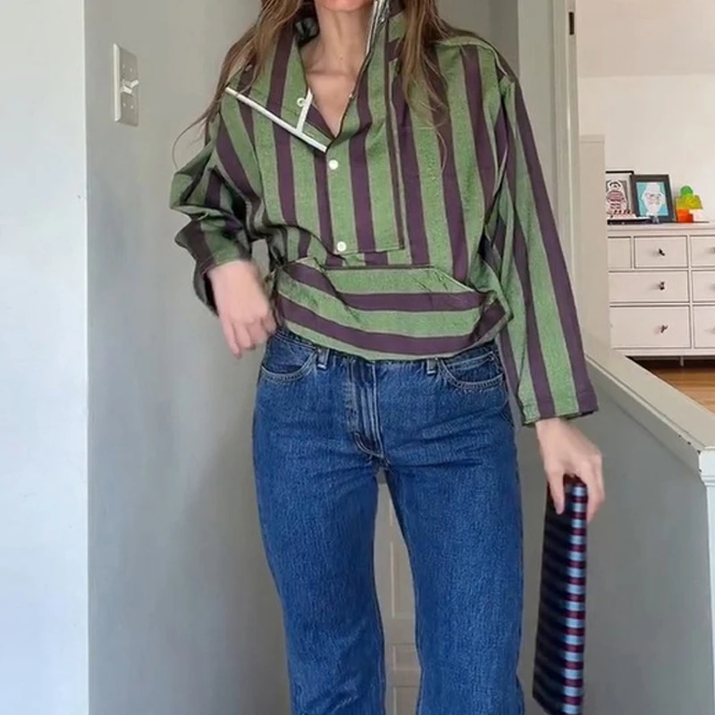 Casual Batwing Sleeve Pocket Lady Top Fashion Button Stripe Print Pullover Hoodie Elegant Stand Collar Hight Street Loose Blouse
