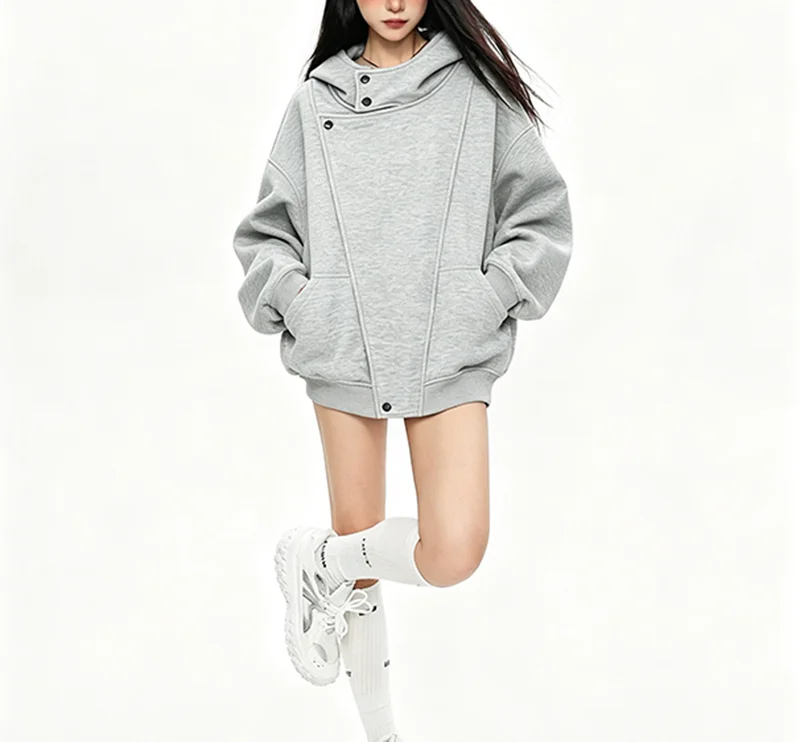 High Street Hoodies Women Streetwear Casual Loose Buttons Hooded Outwear Fall Winter Fashion All Match Long Sleeve Sweatshirt