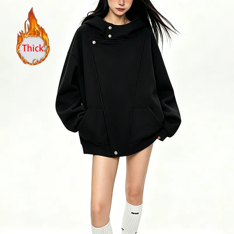 High Street Hoodies Women Streetwear Casual Loose Buttons Hooded Outwear Fall Winter Fashion All Match Long Sleeve Sweatshirt
