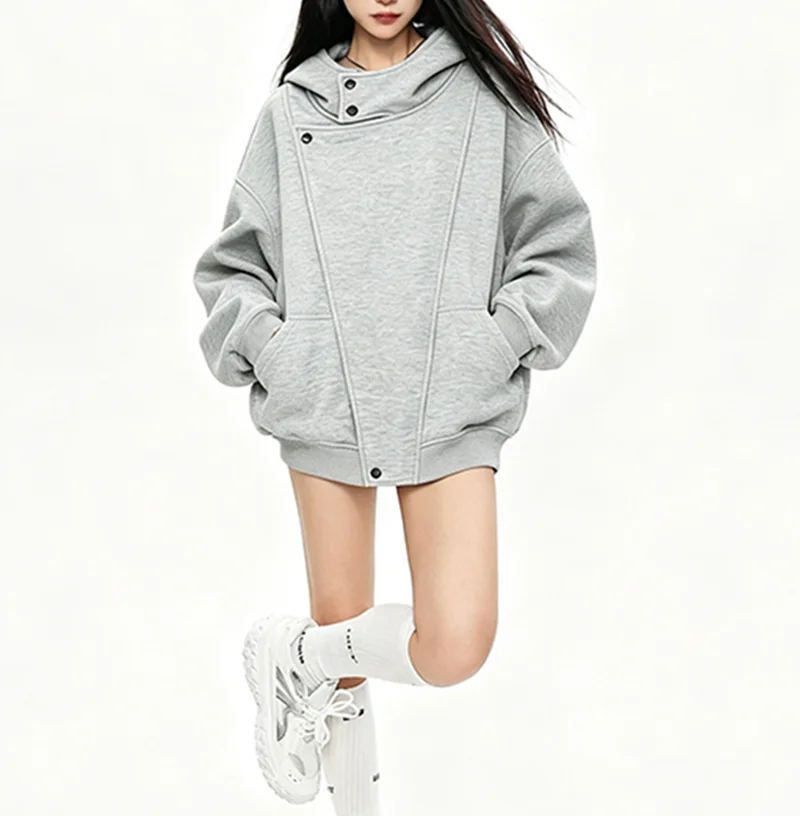 High Street Hoodies Women Streetwear Casual Loose Buttons Hooded Outwear Fall Winter Fashion All Match Long Sleeve Sweatshirt