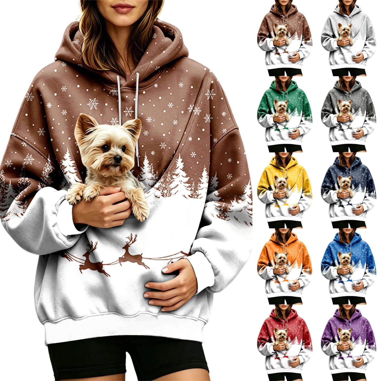 Women Fall And Winter Hoodie With Pet Pouch Oversized Pocket Colorful Print Sweatshirt For Dogs And Long Hoodie Dress plus Size