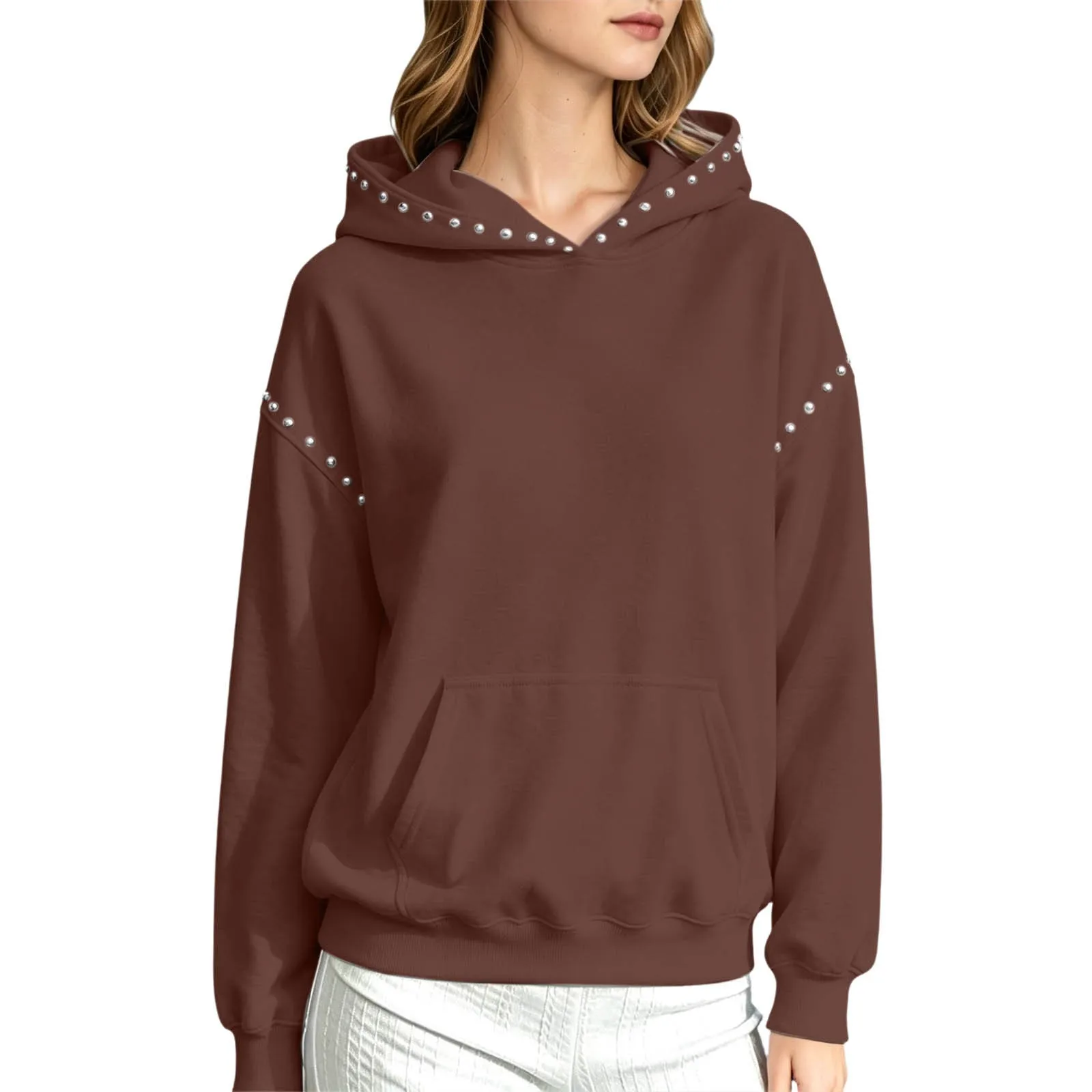 Women Winter Fashion Pullover Hooded Sweater With Metal And Pocket Hooded Pullover Shirt Hooded Sweatshirt with Pockets Women