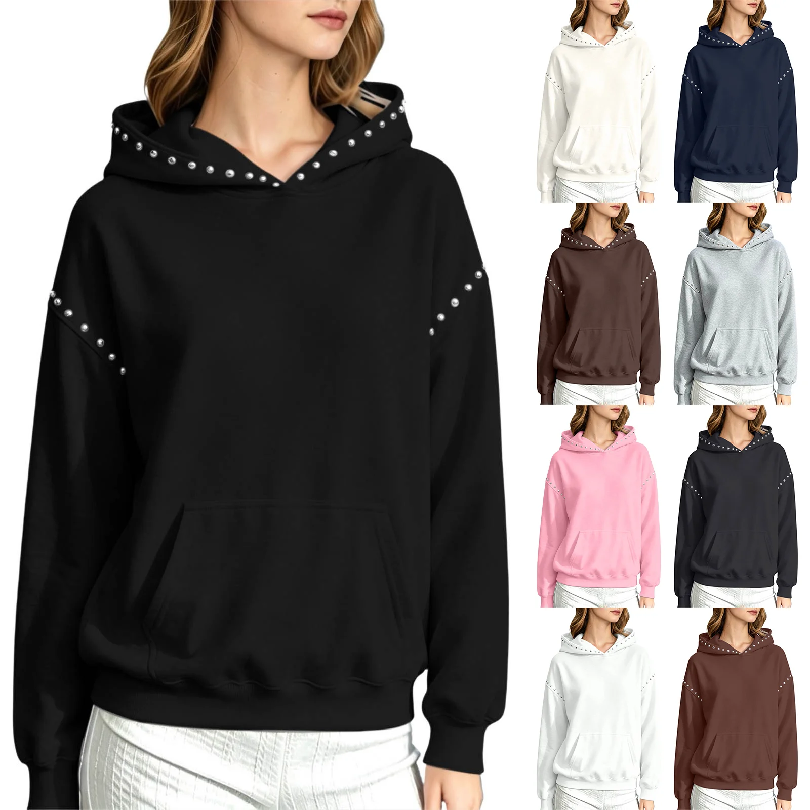 Women Winter Fashion Pullover Hooded Sweater With Metal And Pocket Hooded Pullover Shirt Hooded Sweatshirt with Pockets Women