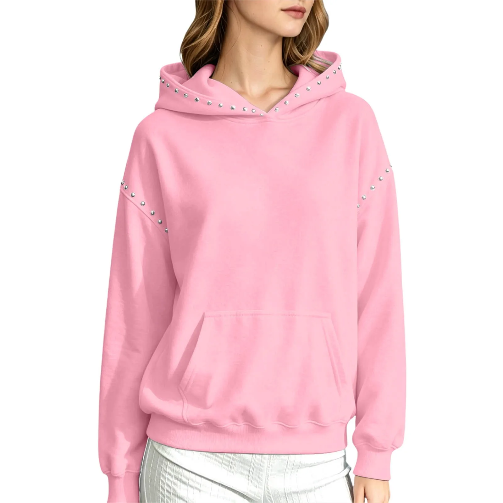 Women Winter Fashion Pullover Hooded Sweater With Metal And Pocket Hooded Pullover Shirt Hooded Sweatshirt with Pockets Women