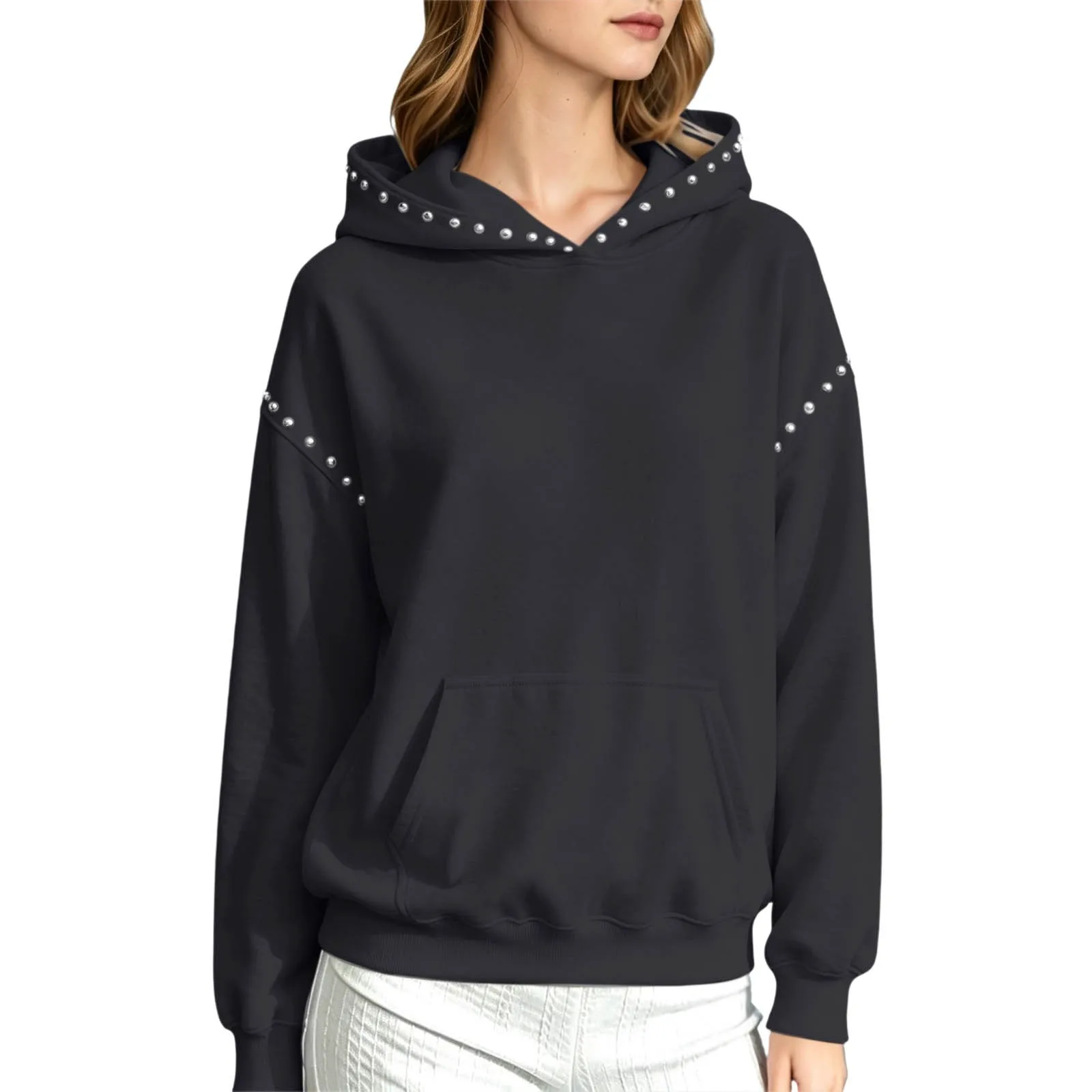 Women Winter Fashion Pullover Hooded Sweater With Metal And Pocket Hooded Pullover Shirt Hooded Sweatshirt with Pockets Women