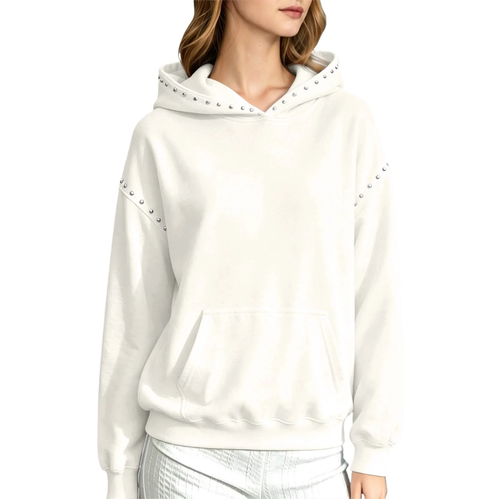 Women Winter Fashion Pullover Hooded Sweater With Metal And Pocket Hooded Pullover Shirt Hooded Sweatshirt with Pockets Women