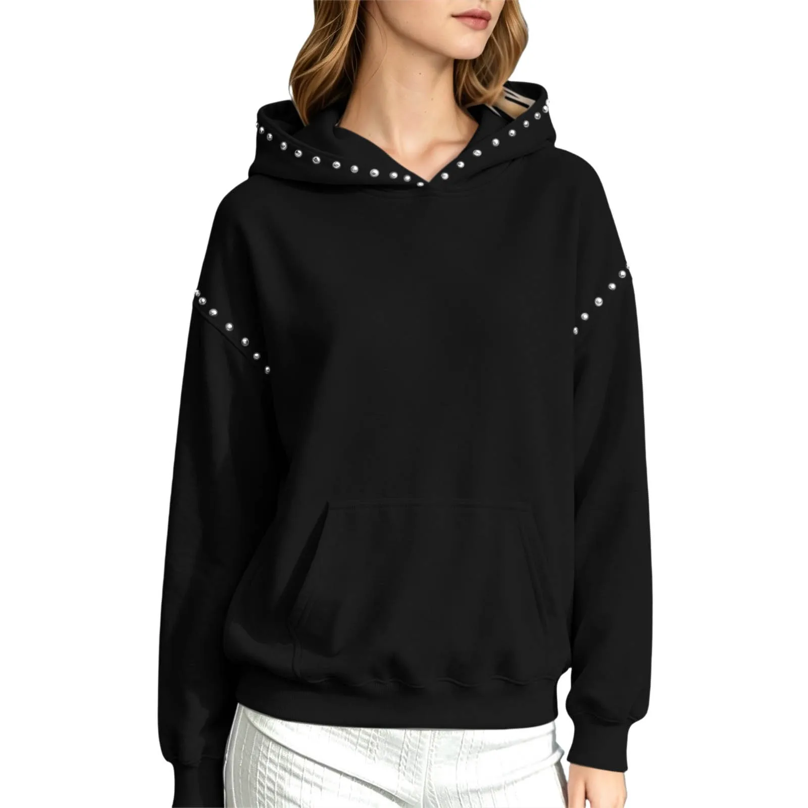 Women Winter Fashion Pullover Hooded Sweater With Metal And Pocket Hooded Pullover Shirt Hooded Sweatshirt with Pockets Women
