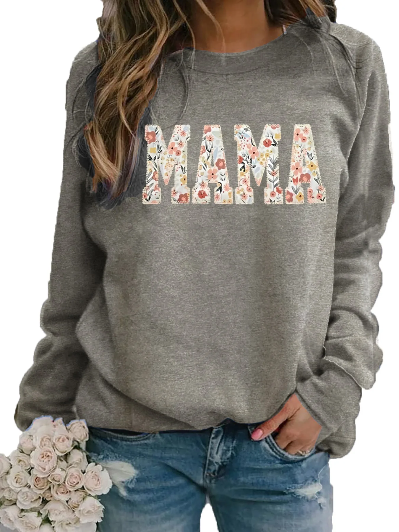 Ladies' Autumn and Winter Loose Casual Comfortable MAMA Letter Pattern Printed Thick Long-Sleeved Round Neck Hoodie Pullover
