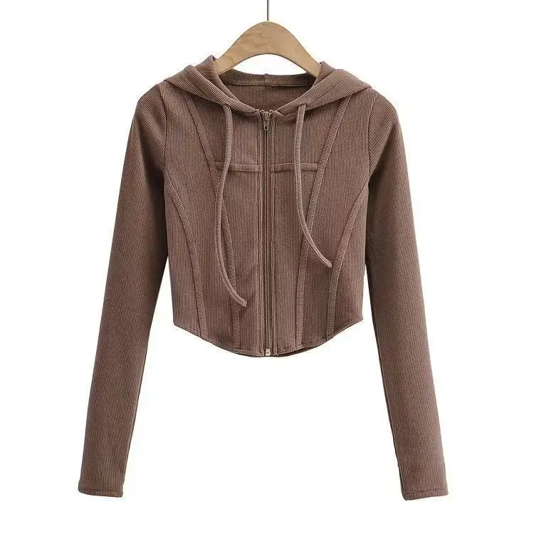 2025 Spring Autumn Women's Korean Vintage Hooded Cardigan Thin Summer Sports Jacket Slim Fit Cropped Top with Zipper Solid Color