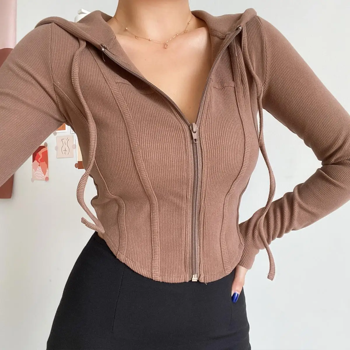 2025 Spring Autumn Women's Korean Vintage Hooded Cardigan Thin Summer Sports Jacket Slim Fit Cropped Top with Zipper Solid Color