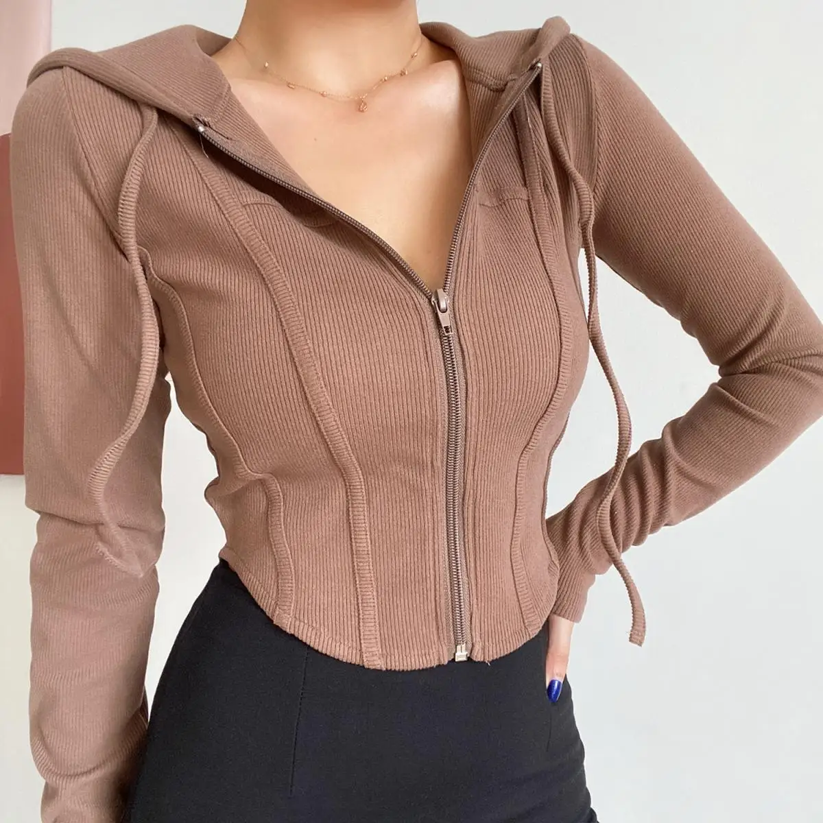 2025 Spring Autumn Women's Korean Vintage Hooded Cardigan Thin Summer Sports Jacket Slim Fit Cropped Top with Zipper Solid Color