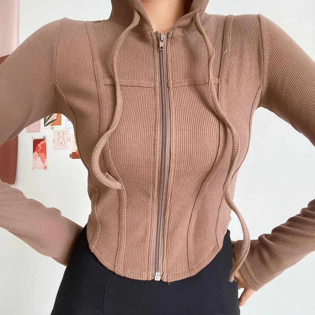 2025 Spring Autumn Women's Korean Vintage Hooded Cardigan Thin Summer Sports Jacket Slim Fit Cropped Top with Zipper Solid Color