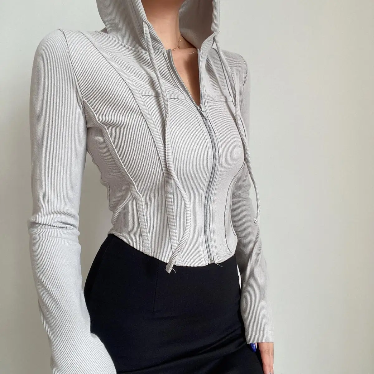 2025 Spring Autumn Women's Korean Vintage Hooded Cardigan Thin Summer Sports Jacket Slim Fit Cropped Top with Zipper Solid Color