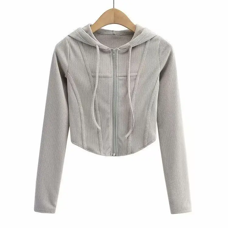 2025 Spring Autumn Women's Korean Vintage Hooded Cardigan Thin Summer Sports Jacket Slim Fit Cropped Top with Zipper Solid Color