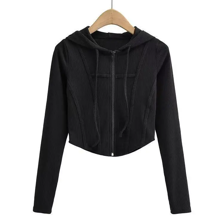 2025 Spring Autumn Women's Korean Vintage Hooded Cardigan Thin Summer Sports Jacket Slim Fit Cropped Top with Zipper Solid Color