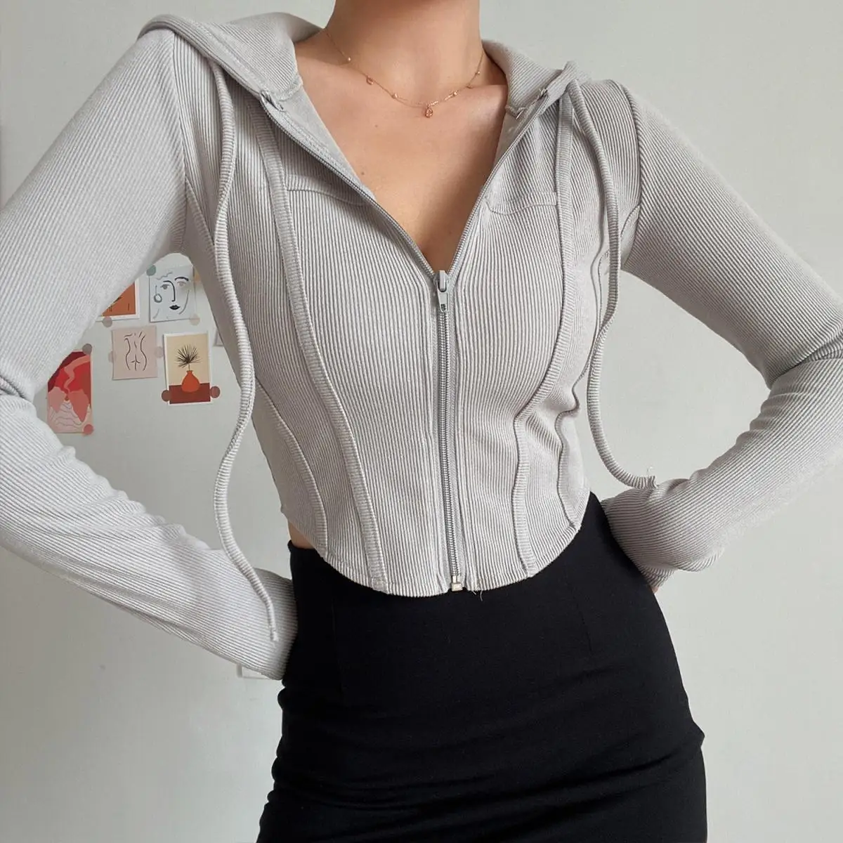 2025 Spring Autumn Women's Korean Vintage Hooded Cardigan Thin Summer Sports Jacket Slim Fit Cropped Top with Zipper Solid Color