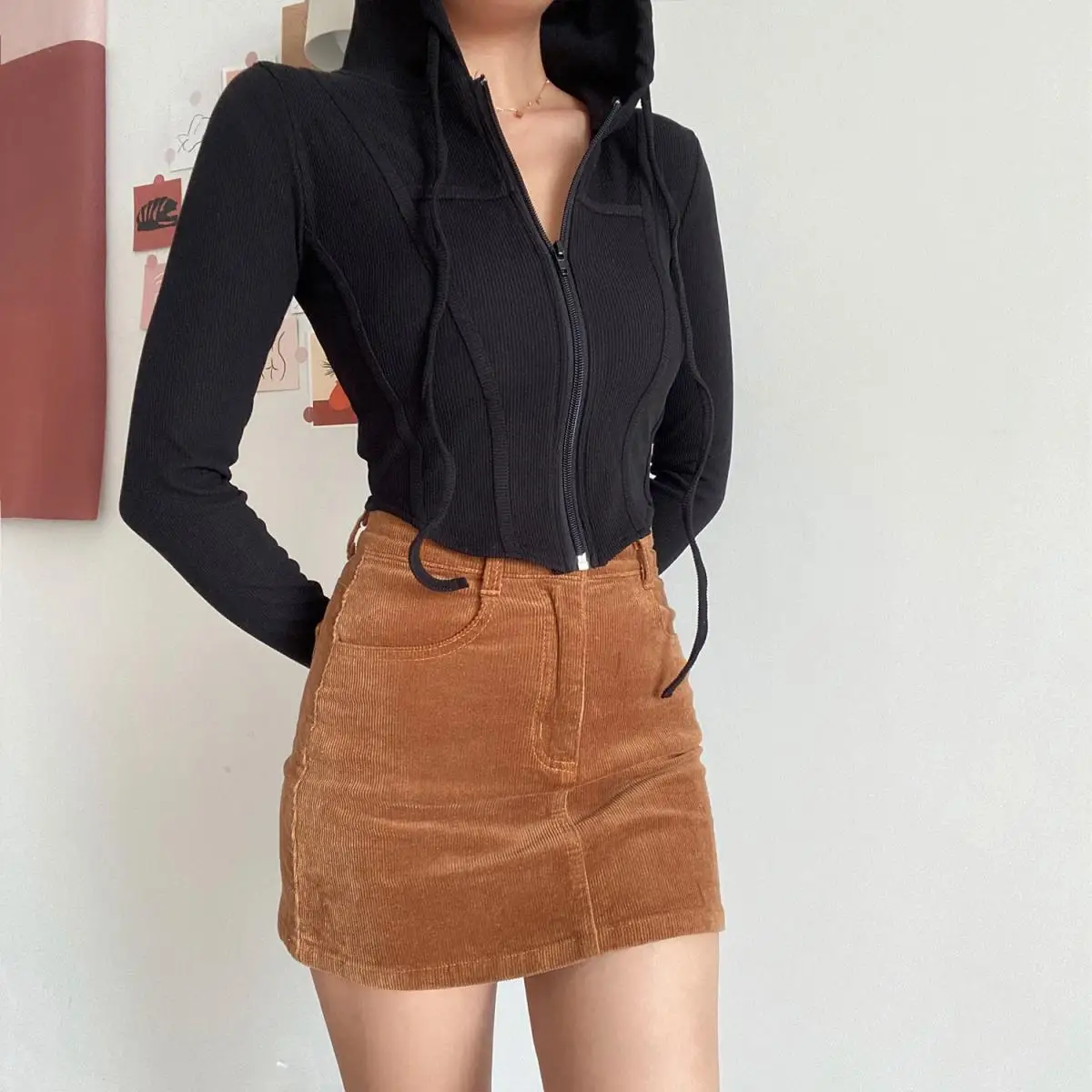 2025 Spring Autumn Women's Korean Vintage Hooded Cardigan Thin Summer Sports Jacket Slim Fit Cropped Top with Zipper Solid Color
