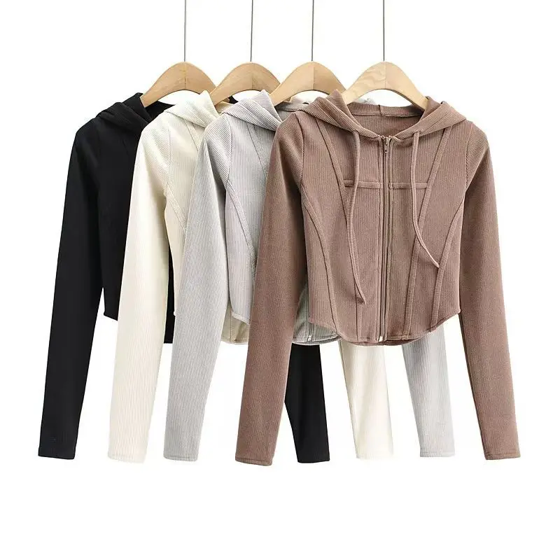 2025 Spring Autumn Women's Korean Vintage Hooded Cardigan Thin Summer Sports Jacket Slim Fit Cropped Top with Zipper Solid Color