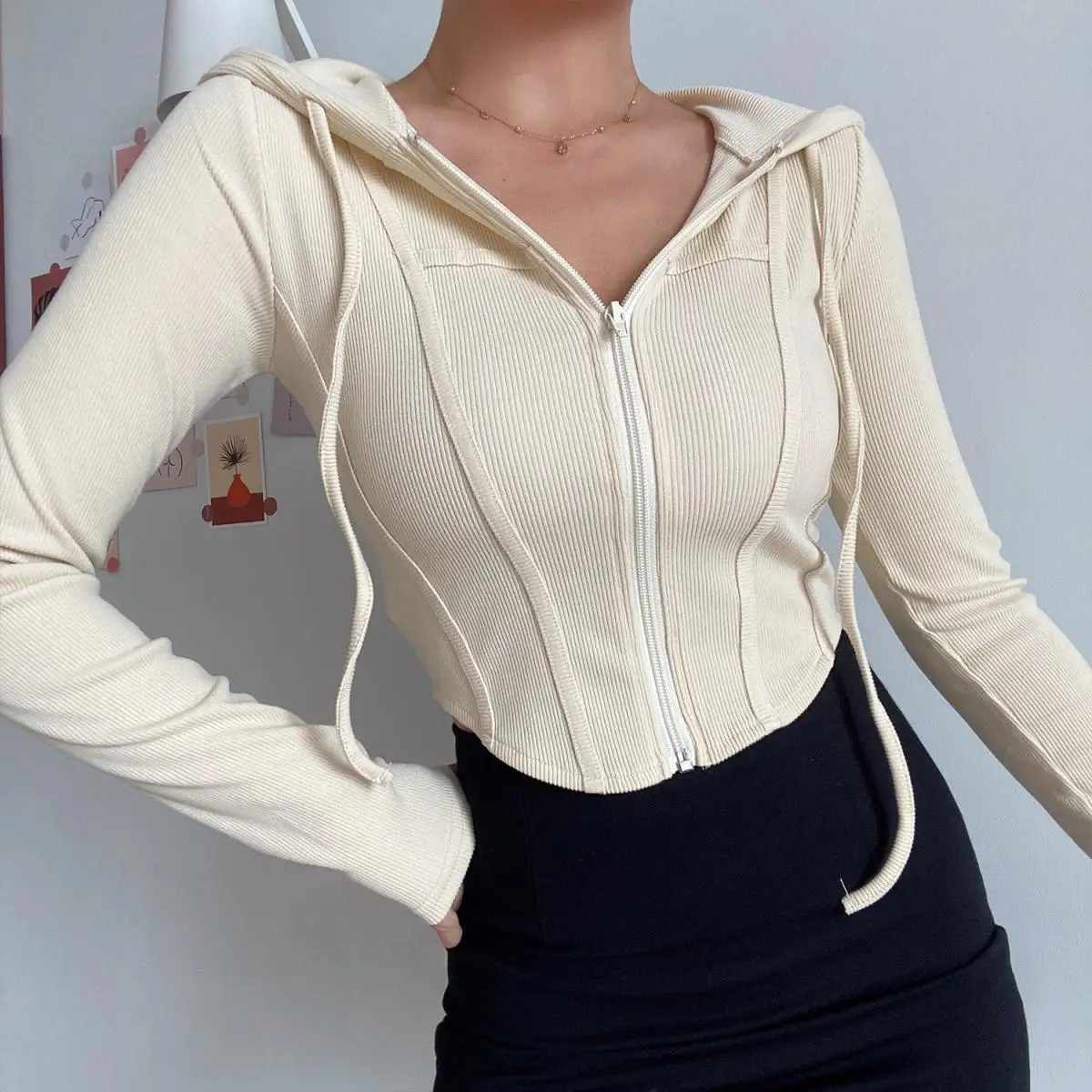 2025 Spring Autumn Women's Korean Vintage Hooded Cardigan Thin Summer Sports Jacket Slim Fit Cropped Top with Zipper Solid Color