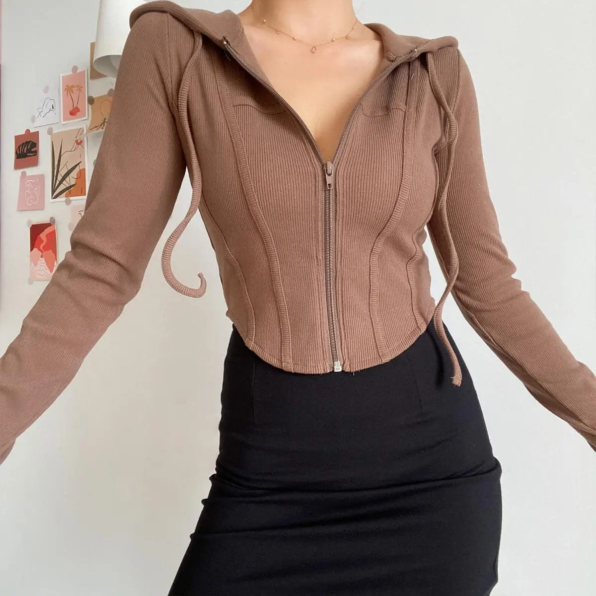 2025 Spring Autumn Women's Korean Vintage Hooded Cardigan Thin Summer Sports Jacket Slim Fit Cropped Top with Zipper Solid Color