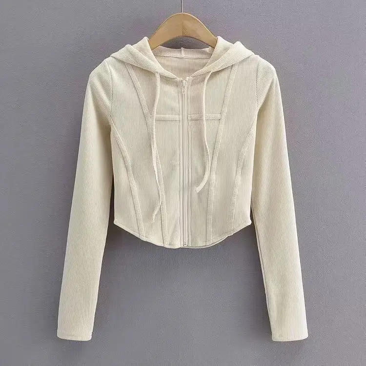 2025 Spring Autumn Women's Korean Vintage Hooded Cardigan Thin Summer Sports Jacket Slim Fit Cropped Top with Zipper Solid Color