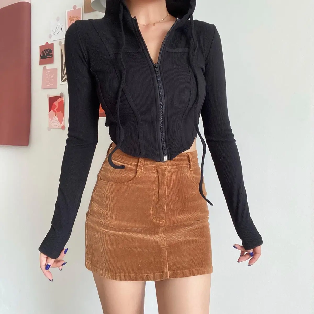 2025 Spring Autumn Women's Korean Vintage Hooded Cardigan Thin Summer Sports Jacket Slim Fit Cropped Top with Zipper Solid Color