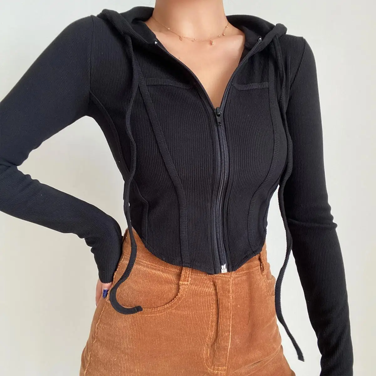 2025 Spring Autumn Women's Korean Vintage Hooded Cardigan Thin Summer Sports Jacket Slim Fit Cropped Top with Zipper Solid Color