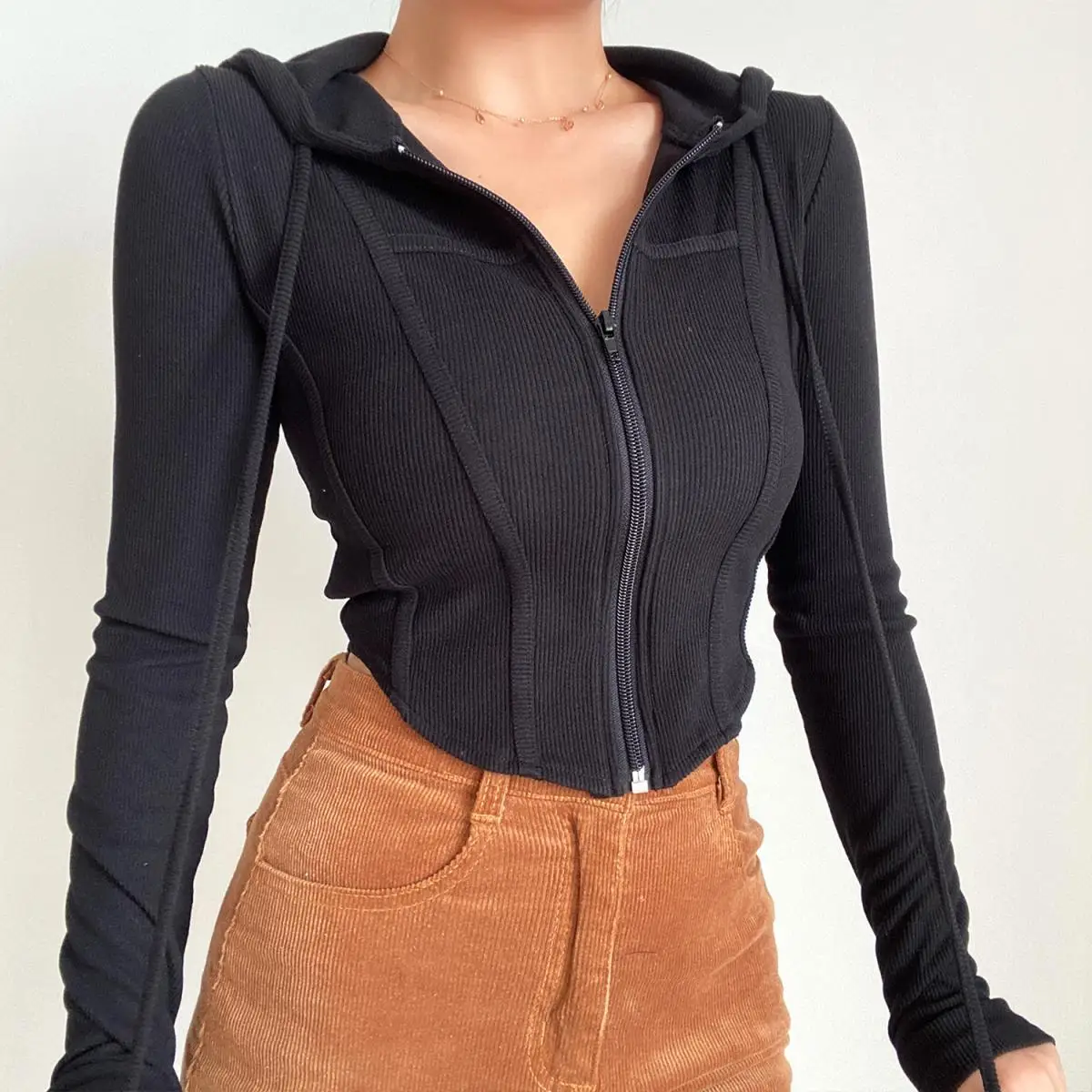 2025 Spring Autumn Women's Korean Vintage Hooded Cardigan Thin Summer Sports Jacket Slim Fit Cropped Top with Zipper Solid Color
