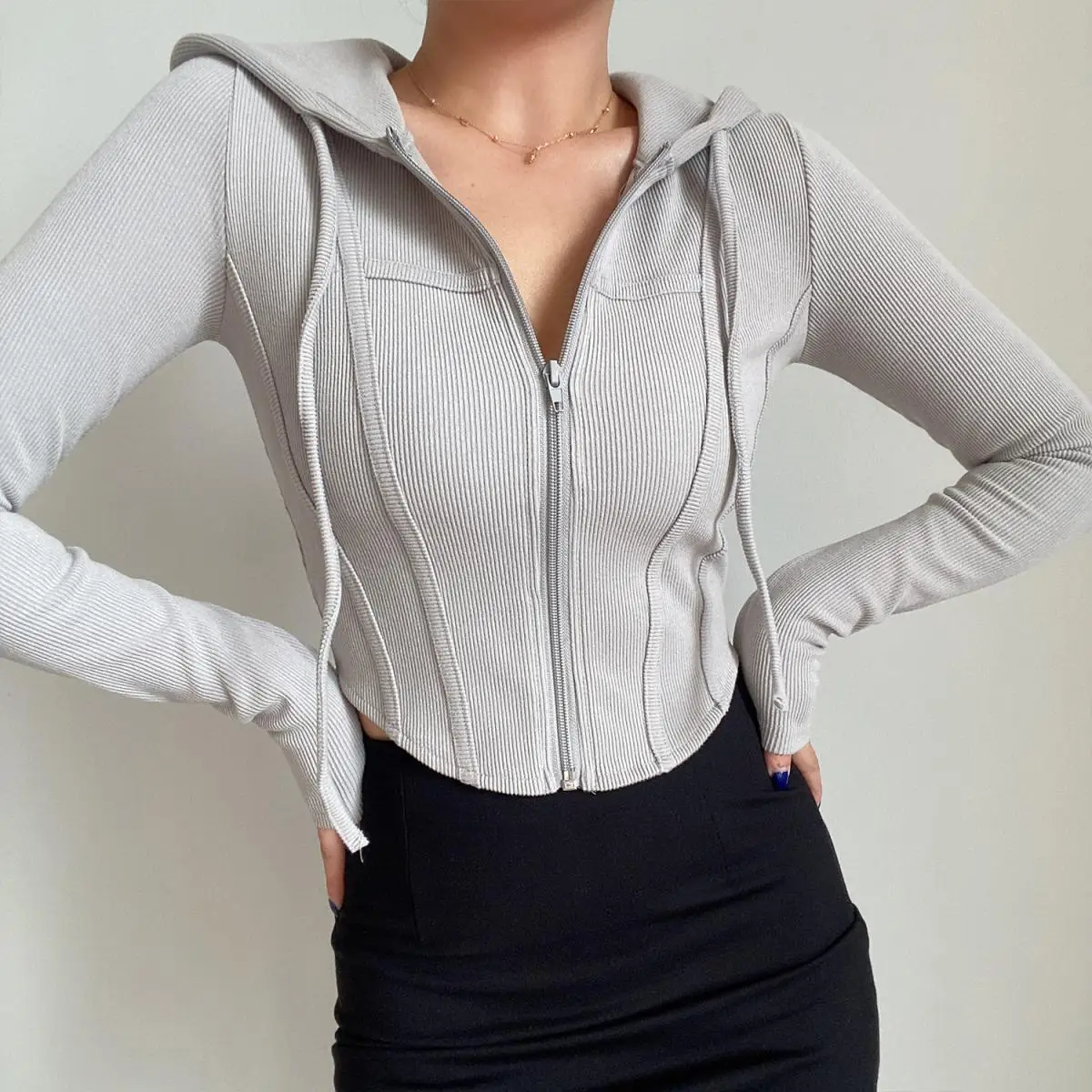 2025 Spring Autumn Women's Korean Vintage Hooded Cardigan Thin Summer Sports Jacket Slim Fit Cropped Top with Zipper Solid Color