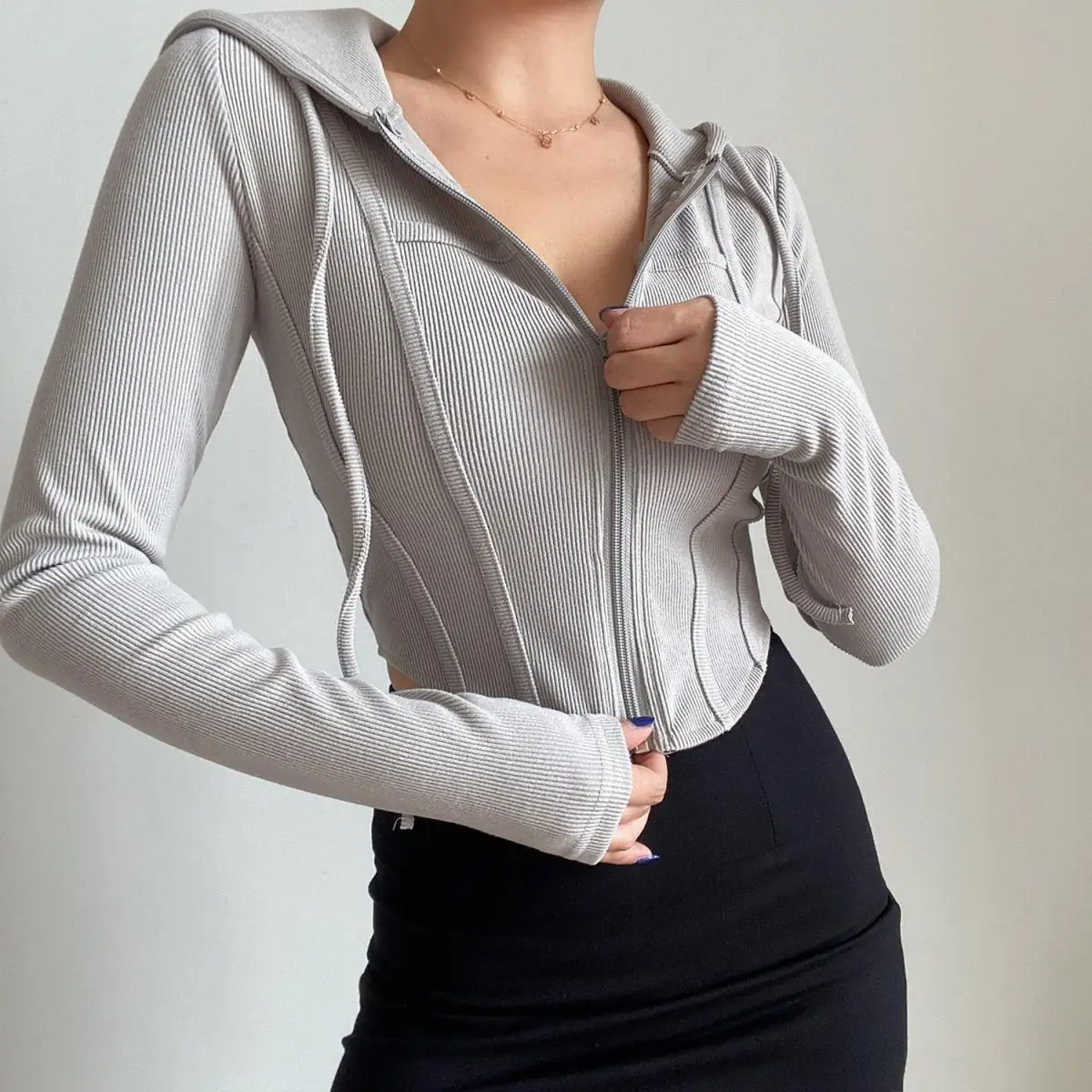 2025 Spring Autumn Women's Korean Vintage Hooded Cardigan Thin Summer Sports Jacket Slim Fit Cropped Top with Zipper Solid Color