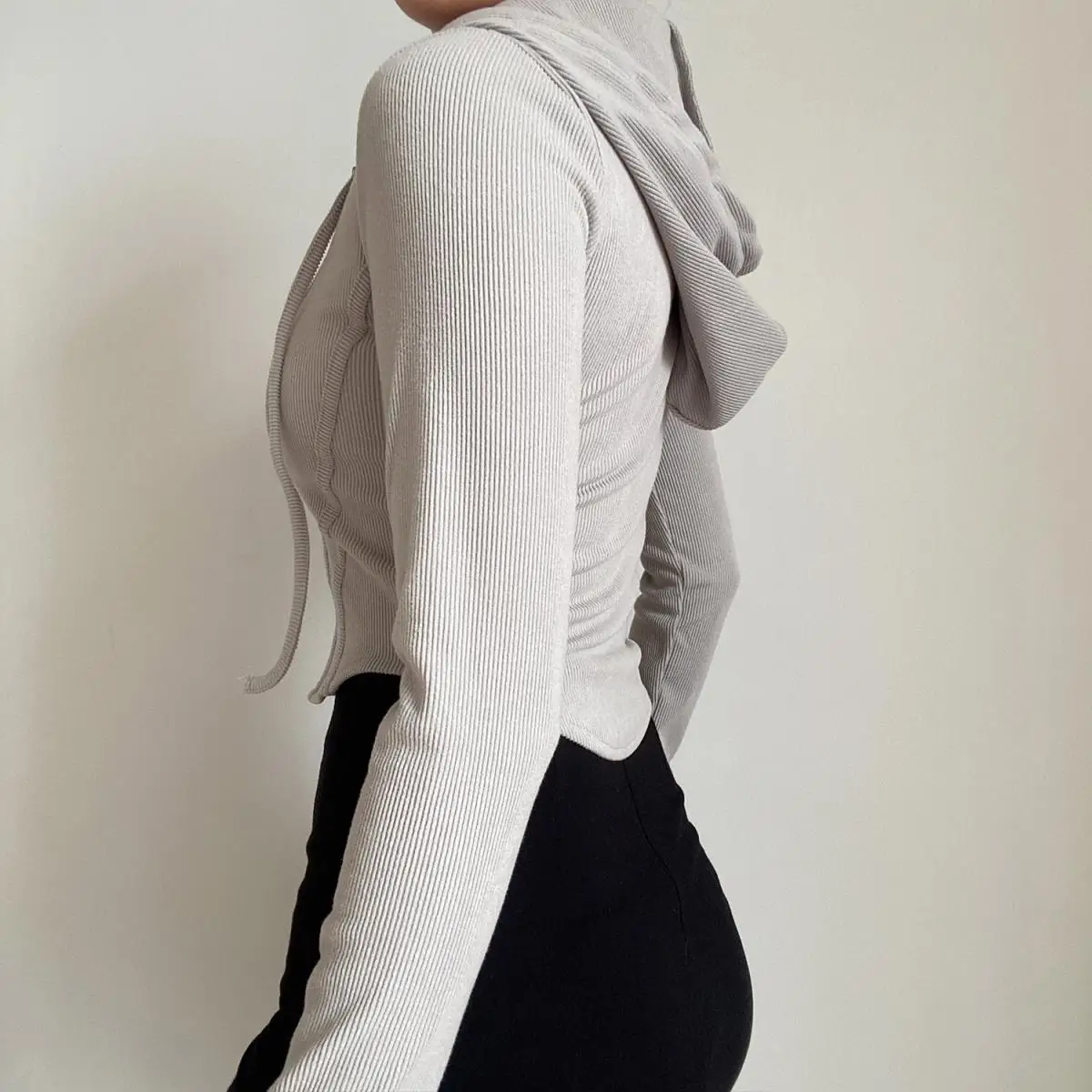 2025 Spring Autumn Women's Korean Vintage Hooded Cardigan Thin Summer Sports Jacket Slim Fit Cropped Top with Zipper Solid Color