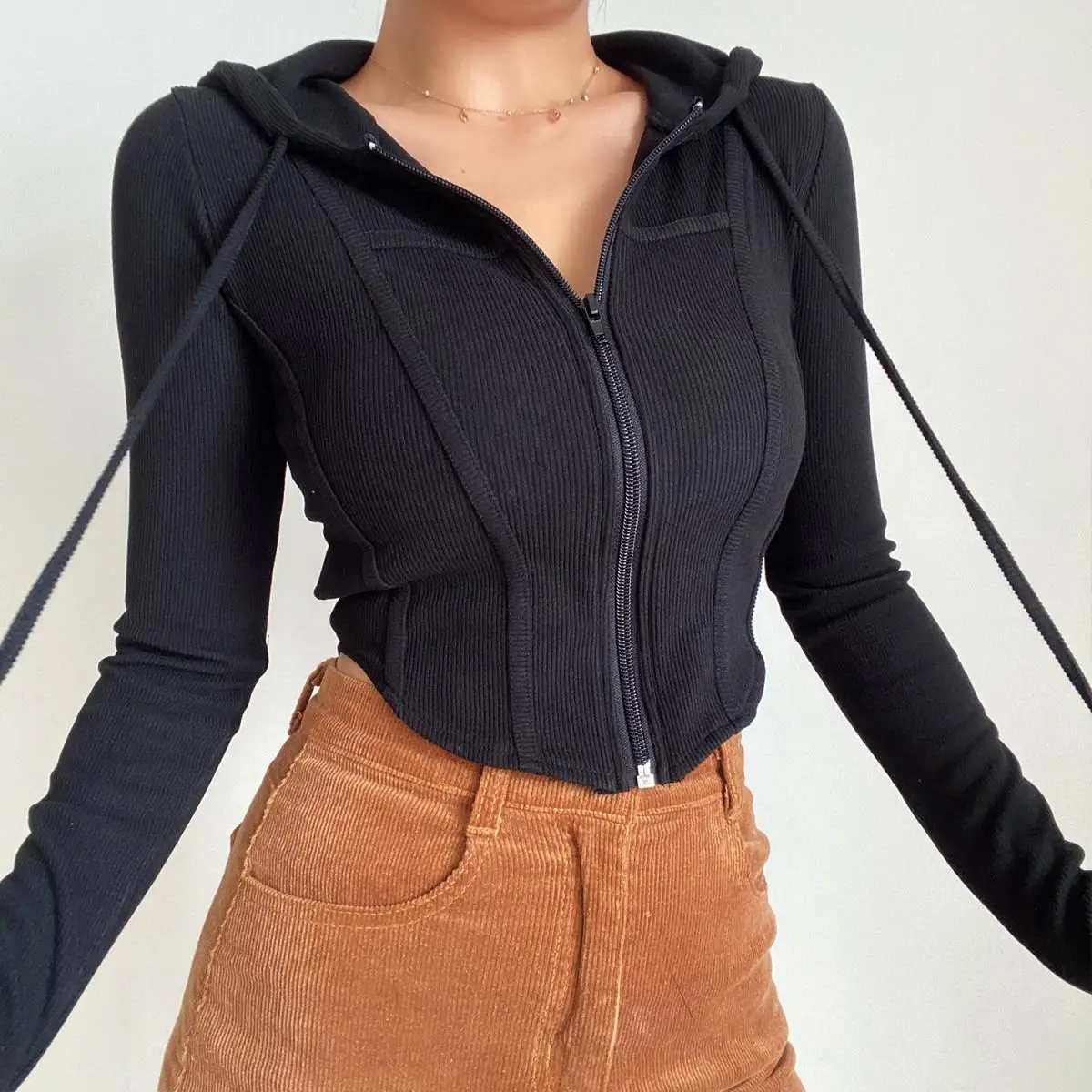 2025 Spring Autumn Women's Korean Vintage Hooded Cardigan Thin Summer Sports Jacket Slim Fit Cropped Top with Zipper Solid Color