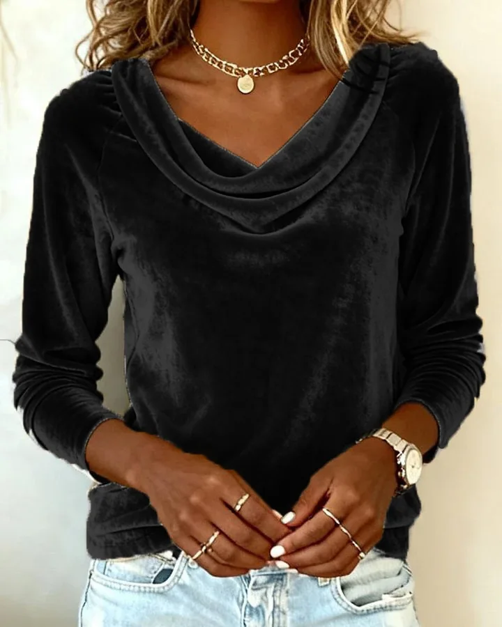 Woman's Casual Gold Velvet Top Spring Autumn Fashion Solid Swing Collar Long-sleeved Loose Tops Daily Versatile Ladies Blouses