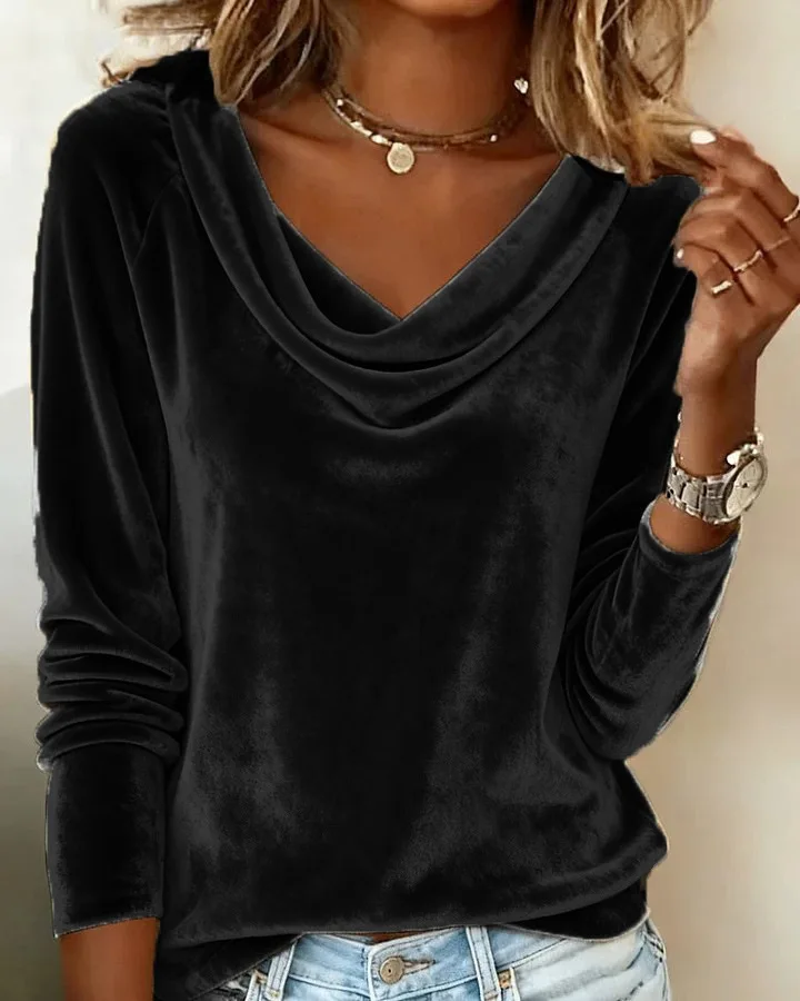 Woman's Casual Gold Velvet Top Spring Autumn Fashion Solid Swing Collar Long-sleeved Loose Tops Daily Versatile Ladies Blouses